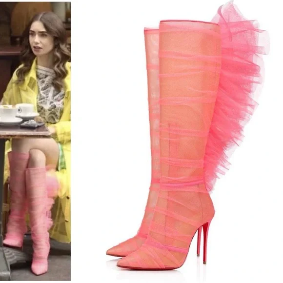 RARE Christian Louboutin SS22 Libellibotta Pink Tulle Knee High Boots Heels 40 - Picture 15 of 15